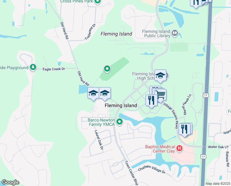 map of restaurants, bars, coffee shops, grocery stores, and more near 2031 Town Center Boulevard in Fleming Island
