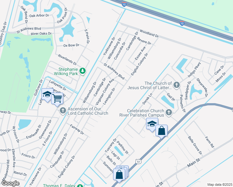 map of restaurants, bars, coffee shops, grocery stores, and more near 2601 English Colony Drive in LaPlace