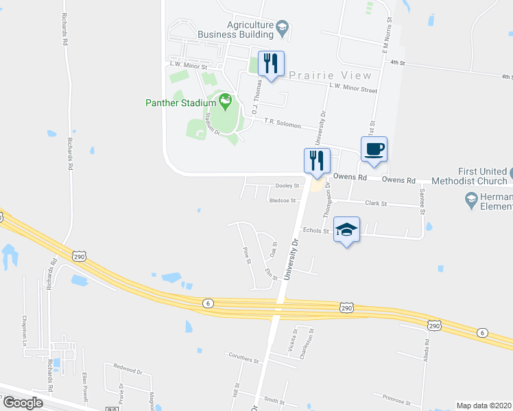 map of restaurants, bars, coffee shops, grocery stores, and more near 318 Elm Street in Prairie View