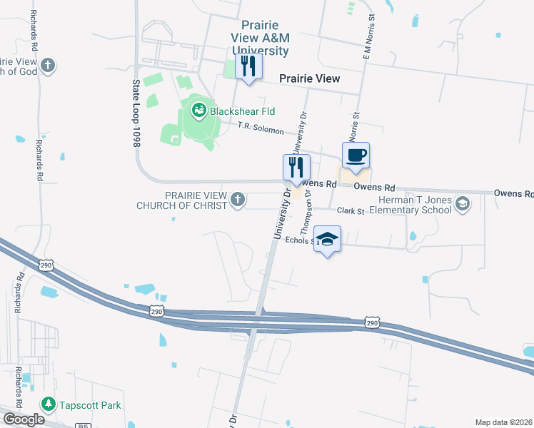 map of restaurants, bars, coffee shops, grocery stores, and more near 107 Bledsoe Street in Prairie View