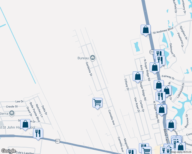 map of restaurants, bars, coffee shops, grocery stores, and more near 524 Camelia Avenue in LaPlace