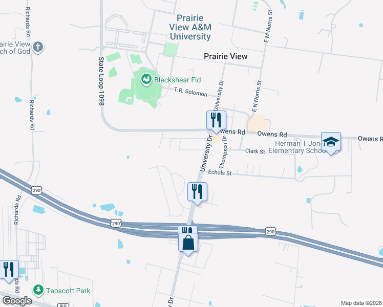 map of restaurants, bars, coffee shops, grocery stores, and more near 107 Bledsoe Street in Prairie View