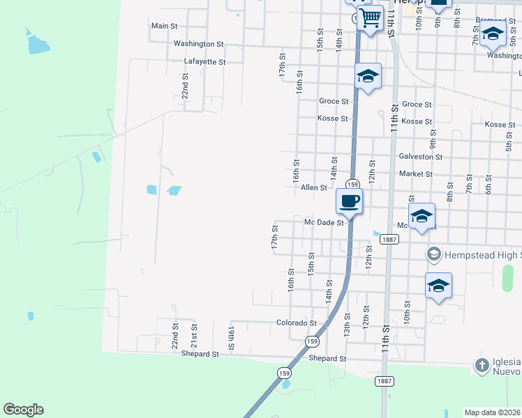 map of restaurants, bars, coffee shops, grocery stores, and more near 20TH Baker Street in Hempstead