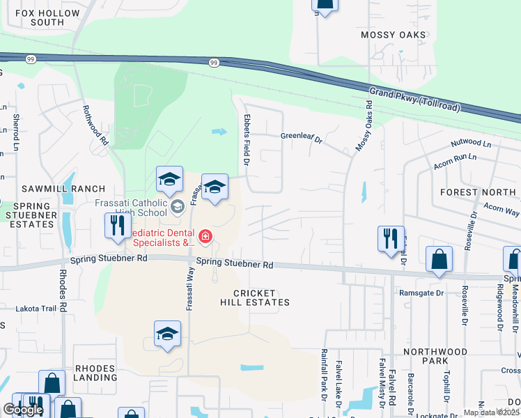 map of restaurants, bars, coffee shops, grocery stores, and more near 4423 Crosley Field Drive in Spring