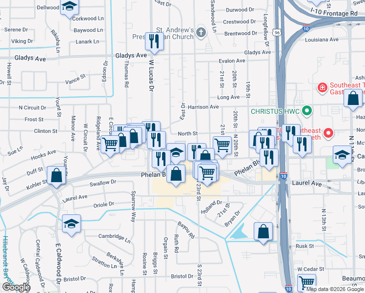 map of restaurants, bars, coffee shops, grocery stores, and more near 3935 North Street in Beaumont