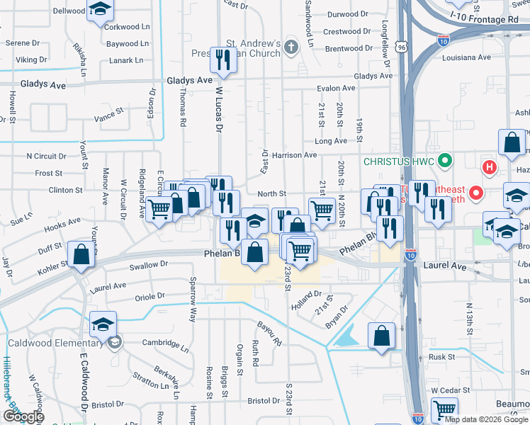 map of restaurants, bars, coffee shops, grocery stores, and more near 3935 North Street in Beaumont