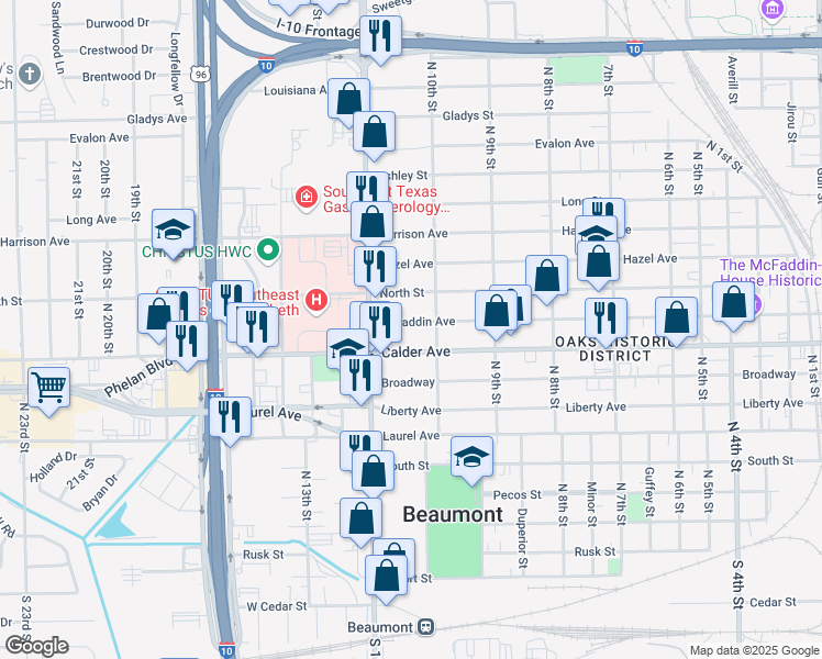 map of restaurants, bars, coffee shops, grocery stores, and more near 2636 Mcfaddin Avenue in Beaumont