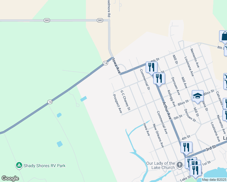map of restaurants, bars, coffee shops, grocery stores, and more near 99 7th Street in Lake Arthur