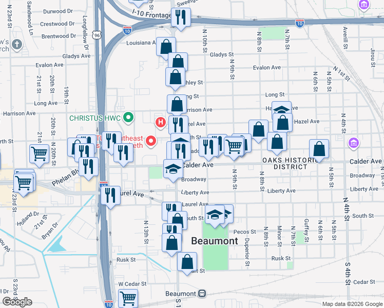 map of restaurants, bars, coffee shops, grocery stores, and more near 2655 Mcfaddin Avenue in Beaumont