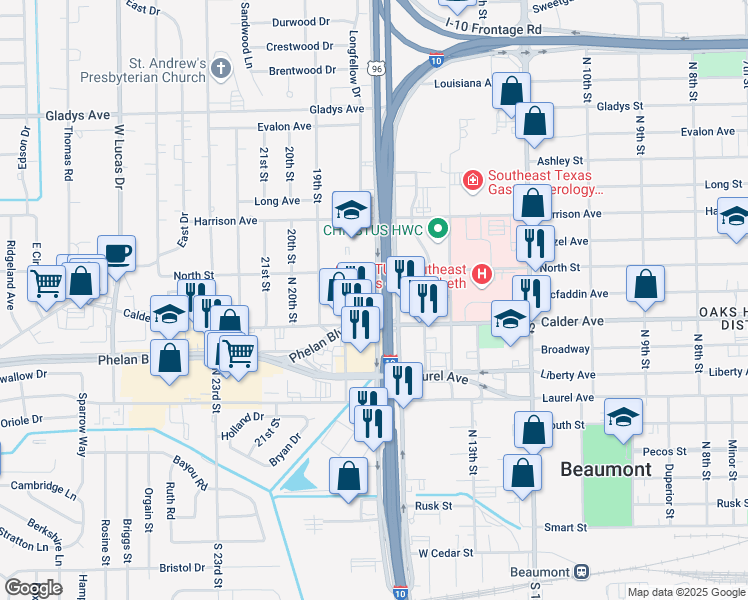 map of restaurants, bars, coffee shops, grocery stores, and more near 1895 Mcfaddin Avenue in Beaumont