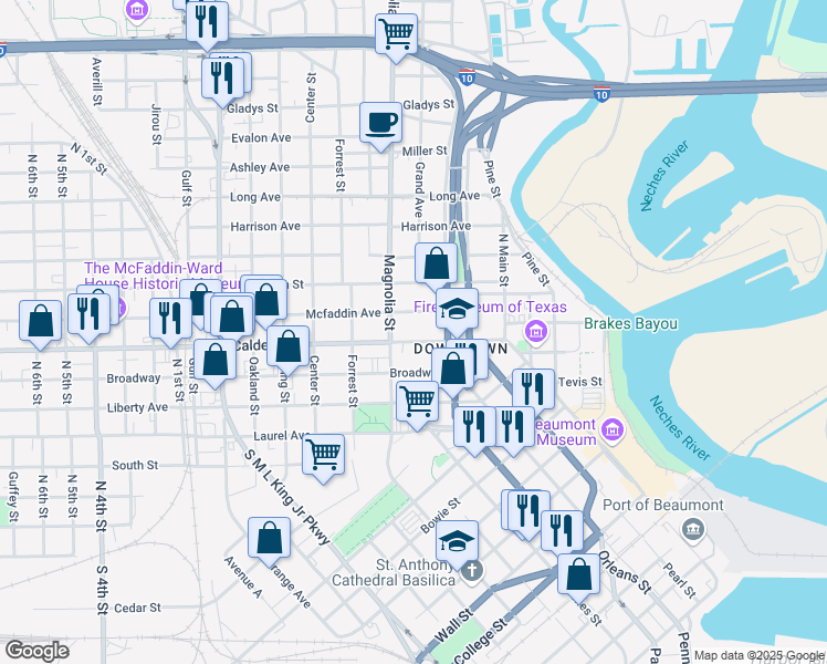 map of restaurants, bars, coffee shops, grocery stores, and more near 934 Calder Avenue in Beaumont