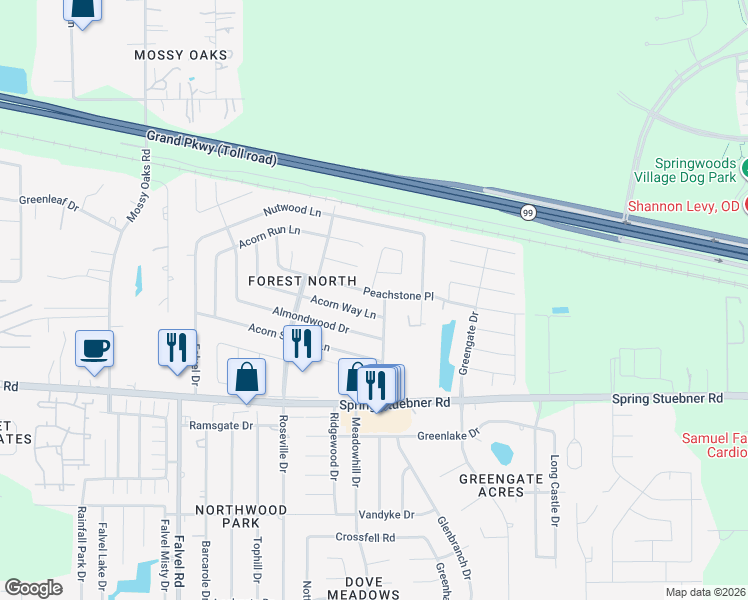 map of restaurants, bars, coffee shops, grocery stores, and more near 3338 Peachstone Place in Spring