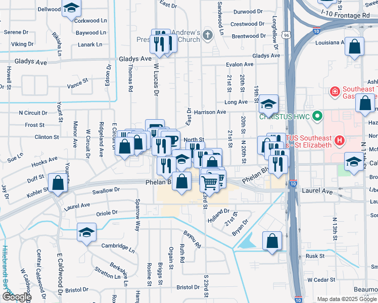 map of restaurants, bars, coffee shops, grocery stores, and more near 575 24th Street in Beaumont
