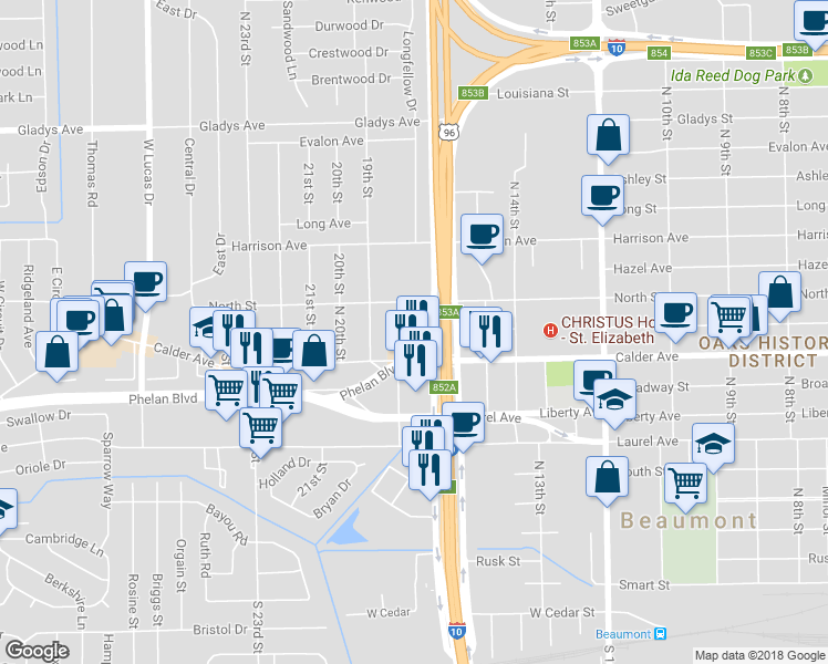 map of restaurants, bars, coffee shops, grocery stores, and more near 3399 Mcfaddin Avenue in Beaumont