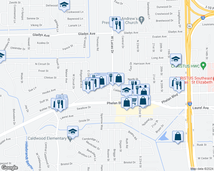 map of restaurants, bars, coffee shops, grocery stores, and more near 4320 Calder Avenue in Beaumont