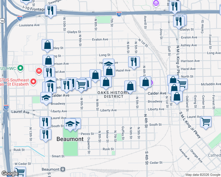 map of restaurants, bars, coffee shops, grocery stores, and more near 2300 Mcfaddin Avenue in Beaumont
