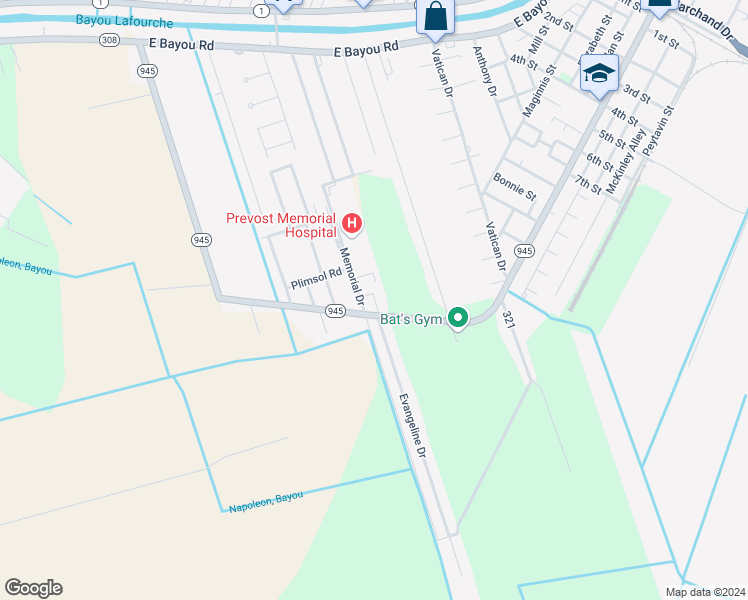 map of restaurants, bars, coffee shops, grocery stores, and more near 419 Memorial Drive in Donaldsonville