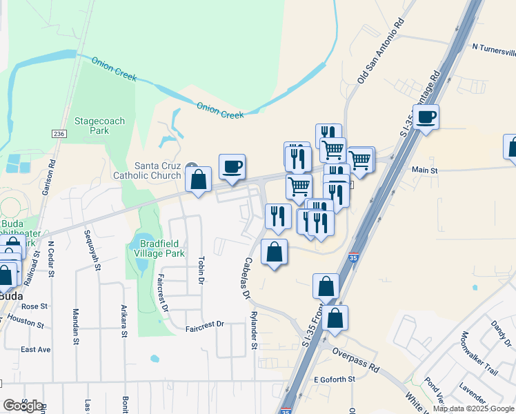 map of restaurants, bars, coffee shops, grocery stores, and more near 1309 Main Street in Buda
