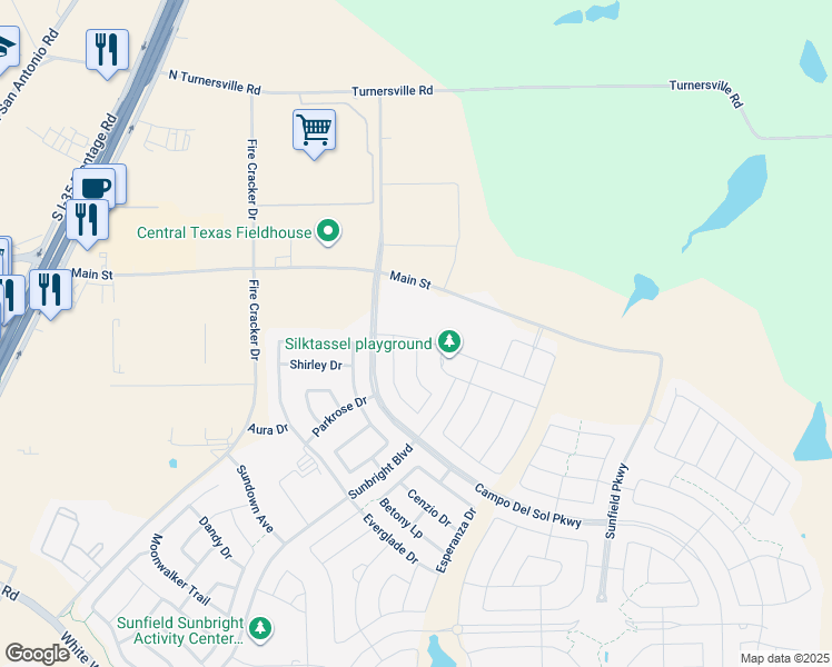 map of restaurants, bars, coffee shops, grocery stores, and more near 195 Satsuma Drive in Buda