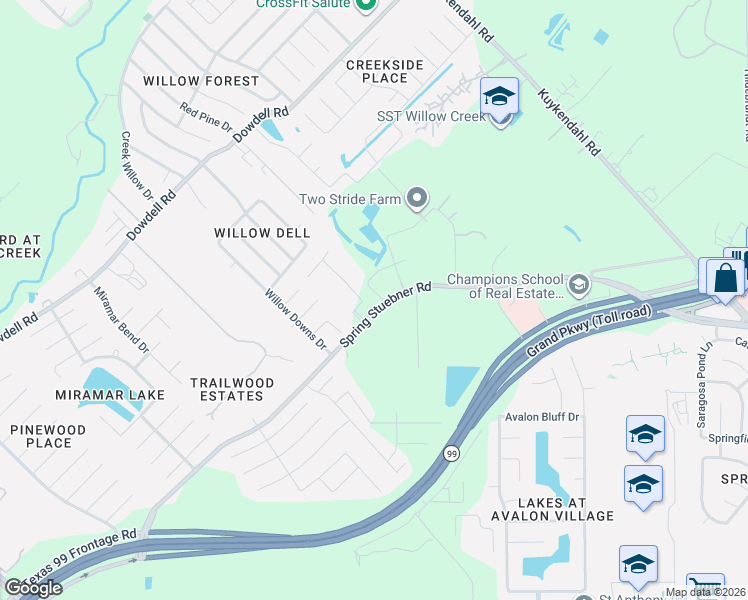 map of restaurants, bars, coffee shops, grocery stores, and more near 22814 Lain Road in Spring
