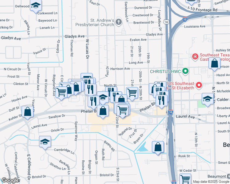map of restaurants, bars, coffee shops, grocery stores, and more near 645 North 23rd Street in Beaumont