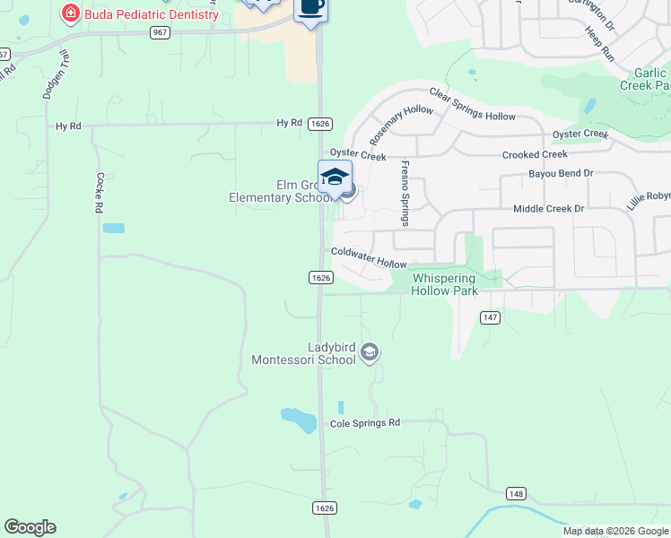 map of restaurants, bars, coffee shops, grocery stores, and more near 109 Lost Ridge Way in Buda