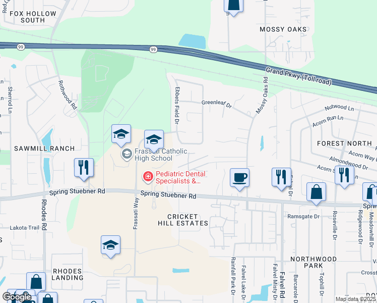 map of restaurants, bars, coffee shops, grocery stores, and more near 4423 Crosley Field Drive in Spring