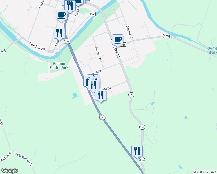 map of restaurants, bars, coffee shops, grocery stores, and more near 312 Gerald Drive in Blanco