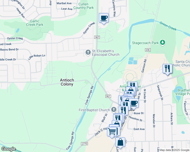 map of restaurants, bars, coffee shops, grocery stores, and more near 500 Farm to Market 967 in Buda