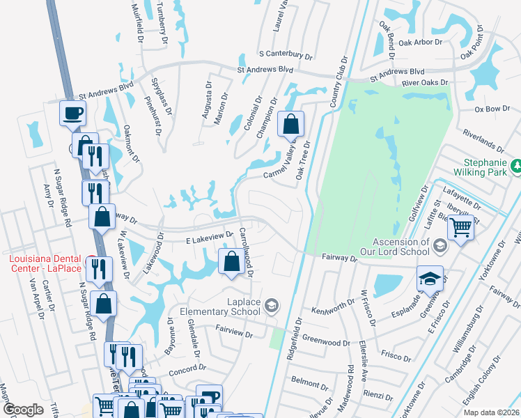 map of restaurants, bars, coffee shops, grocery stores, and more near 367 Hester Drive in LaPlace