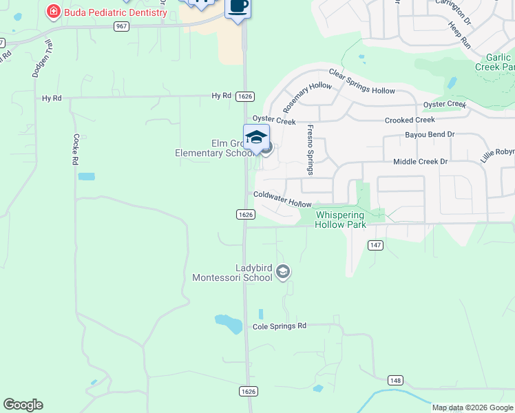 map of restaurants, bars, coffee shops, grocery stores, and more near 104 Lost Ridge Way in Buda