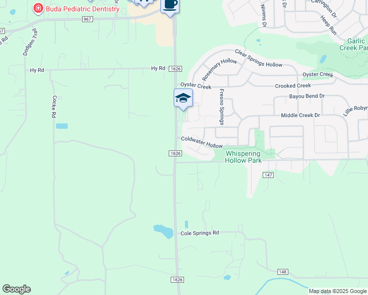 map of restaurants, bars, coffee shops, grocery stores, and more near 104 Lost Ridge Way in Buda