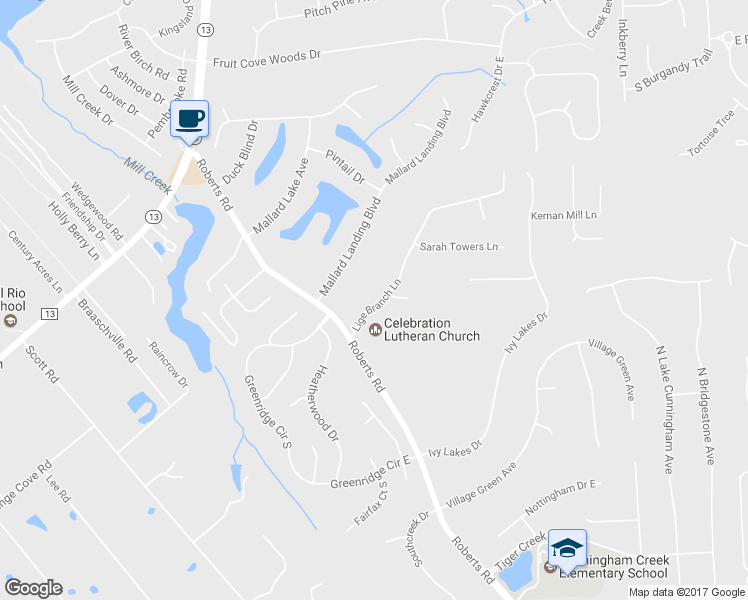 map of restaurants, bars, coffee shops, grocery stores, and more near 111 Lige Branch Lane in Jacksonville