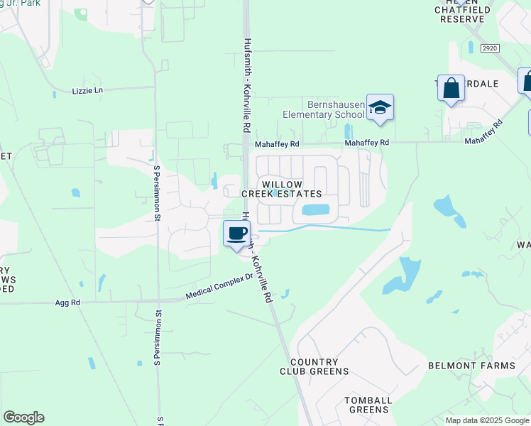 map of restaurants, bars, coffee shops, grocery stores, and more near 22223 Boulder Springs Lane in Tomball