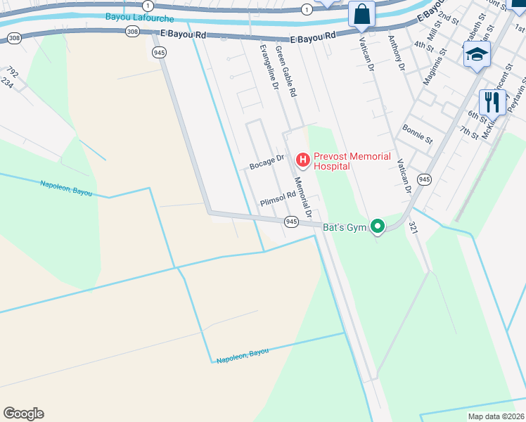 map of restaurants, bars, coffee shops, grocery stores, and more near 101 Marian Street in Donaldsonville