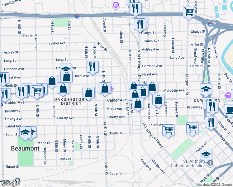 map of restaurants, bars, coffee shops, grocery stores, and more near 1895 Mcfaddin Avenue in Beaumont