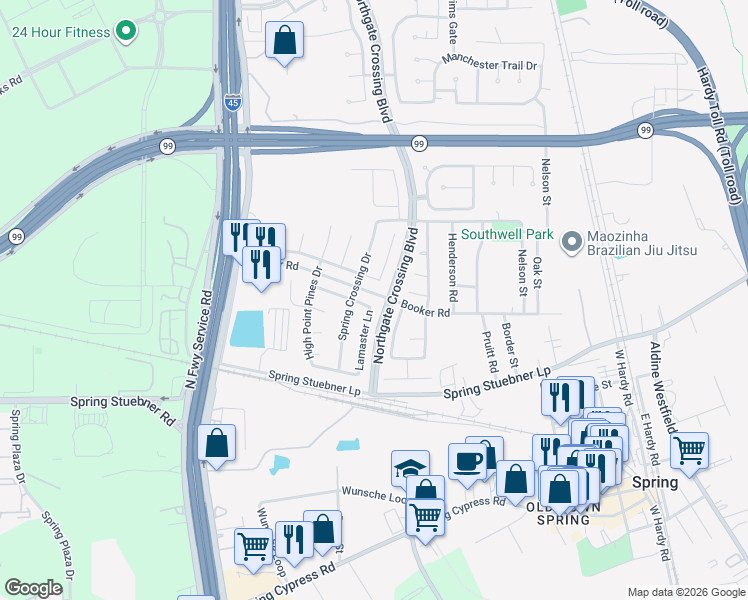 map of restaurants, bars, coffee shops, grocery stores, and more near 22502 Goss Spring Court in Spring