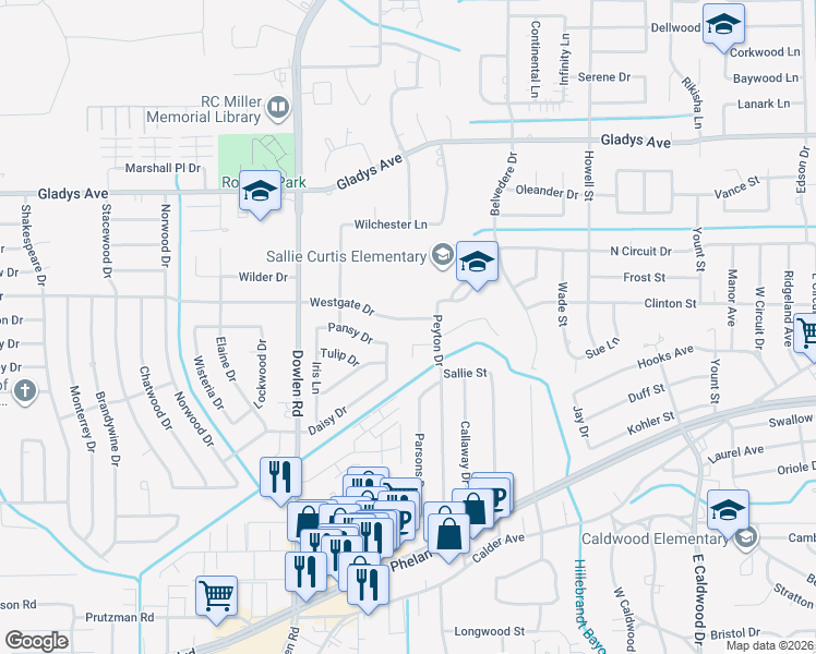 map of restaurants, bars, coffee shops, grocery stores, and more near 6090 Westgate Drive in Beaumont