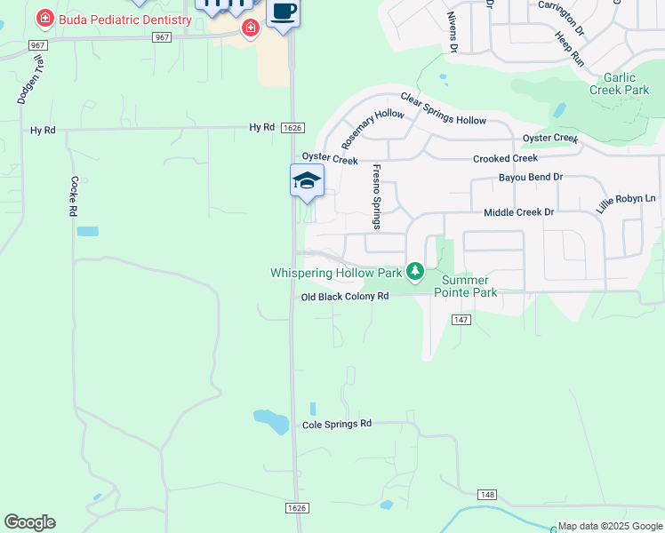 map of restaurants, bars, coffee shops, grocery stores, and more near 109 Lost Ridge Way in Buda