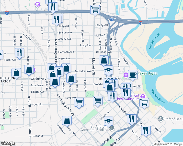 map of restaurants, bars, coffee shops, grocery stores, and more near 575 Magnolia Street in Beaumont