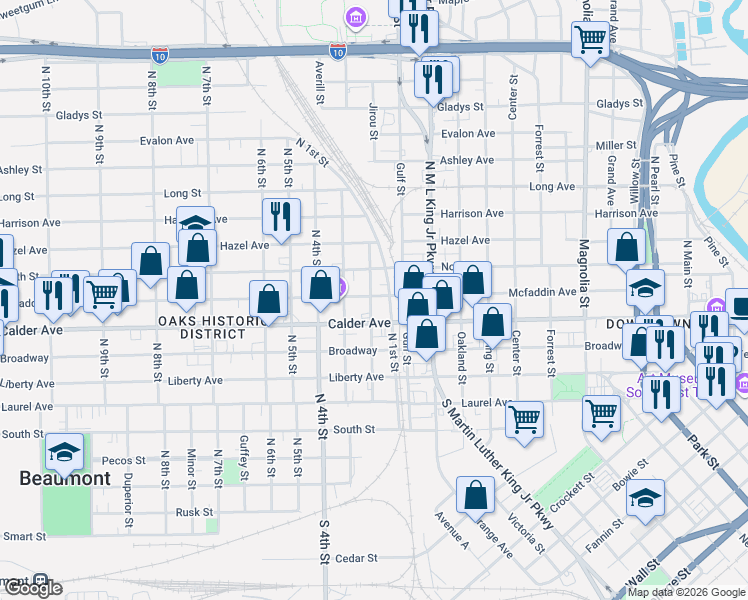 map of restaurants, bars, coffee shops, grocery stores, and more near 1700-1798 McFaddin Avenue in Beaumont