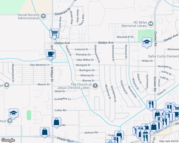 map of restaurants, bars, coffee shops, grocery stores, and more near 6975 Burlington Drive in Beaumont