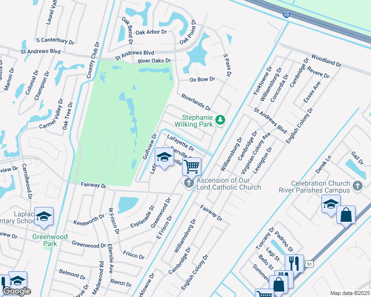 map of restaurants, bars, coffee shops, grocery stores, and more near 736 Lafayette Drive in LaPlace