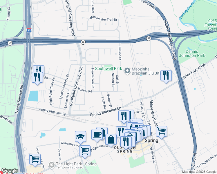 map of restaurants, bars, coffee shops, grocery stores, and more near 430 Booker Road in Spring