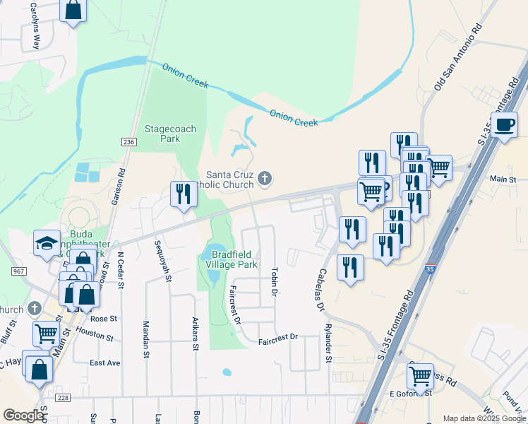 map of restaurants, bars, coffee shops, grocery stores, and more near 1309 Main Street in Buda