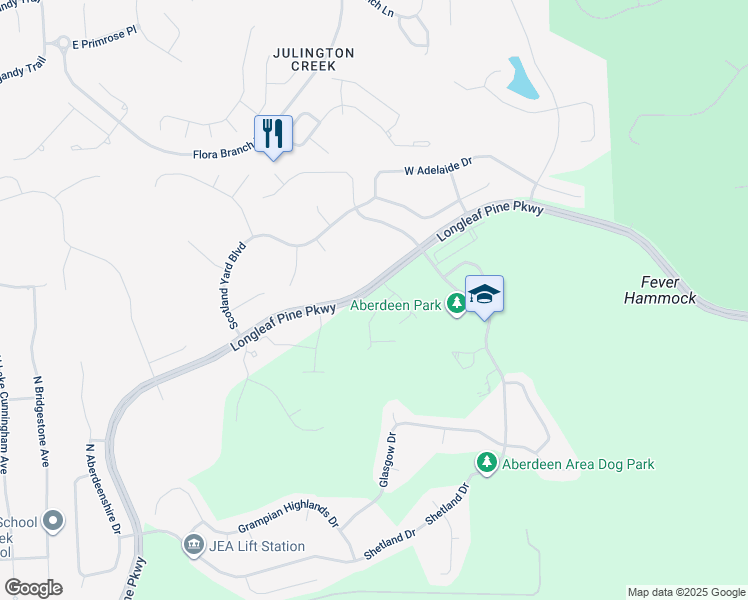 map of restaurants, bars, coffee shops, grocery stores, and more near 208 Larkin Place in Saint Johns