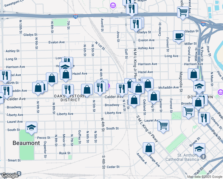 map of restaurants, bars, coffee shops, grocery stores, and more near 1895 Mcfaddin Avenue in Beaumont