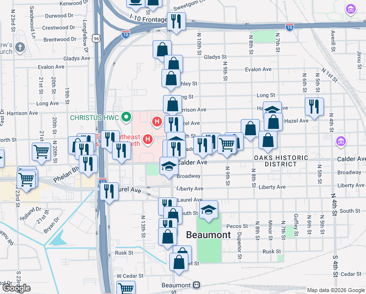 map of restaurants, bars, coffee shops, grocery stores, and more near 610 North 11th Street in Beaumont