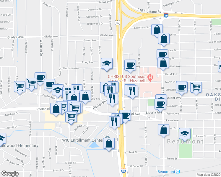 map of restaurants, bars, coffee shops, grocery stores, and more near 3302 Mcfaddin Avenue in Beaumont