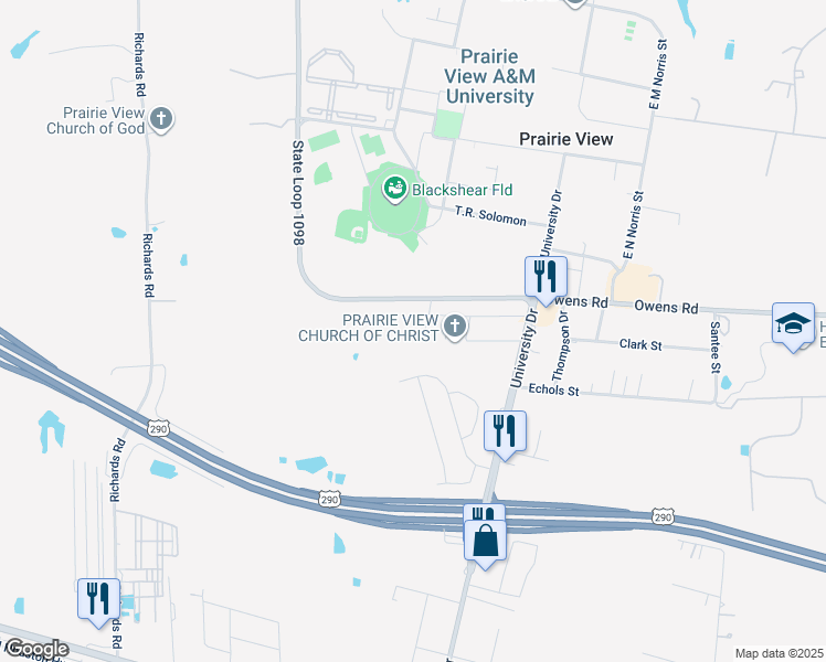 map of restaurants, bars, coffee shops, grocery stores, and more near 2003 Phillips Street in Prairie View